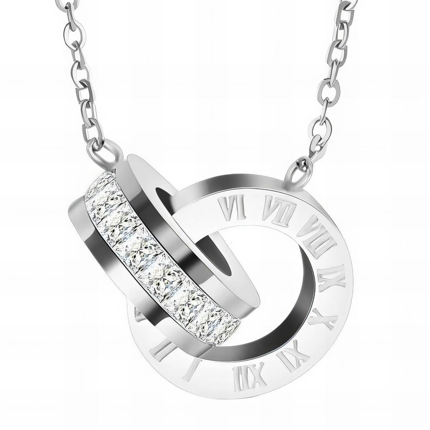 Silver Dual Ring Necklace with white stones and Roman Numerals