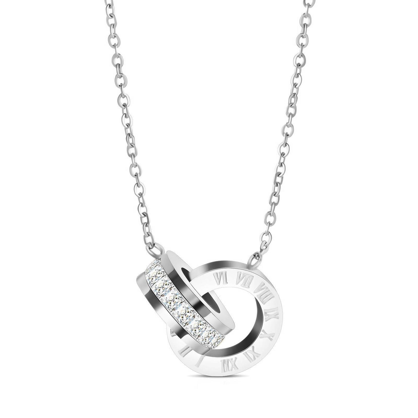 Silver Dual Ring Necklace with white stones and Roman Numerals