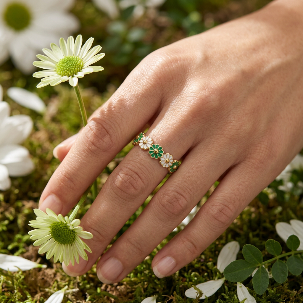 Green Bloom Floral Gold Ring