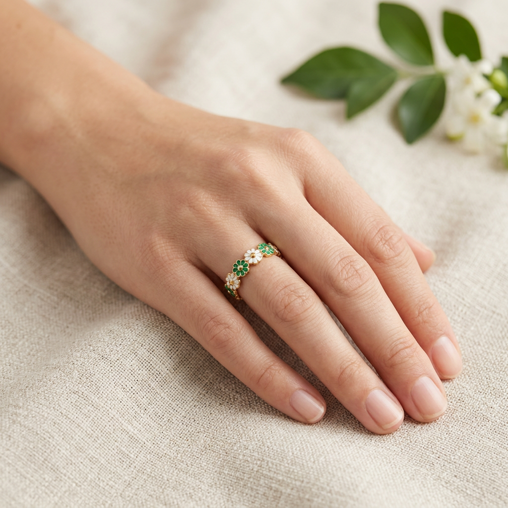 Green Bloom Floral Gold Ring
