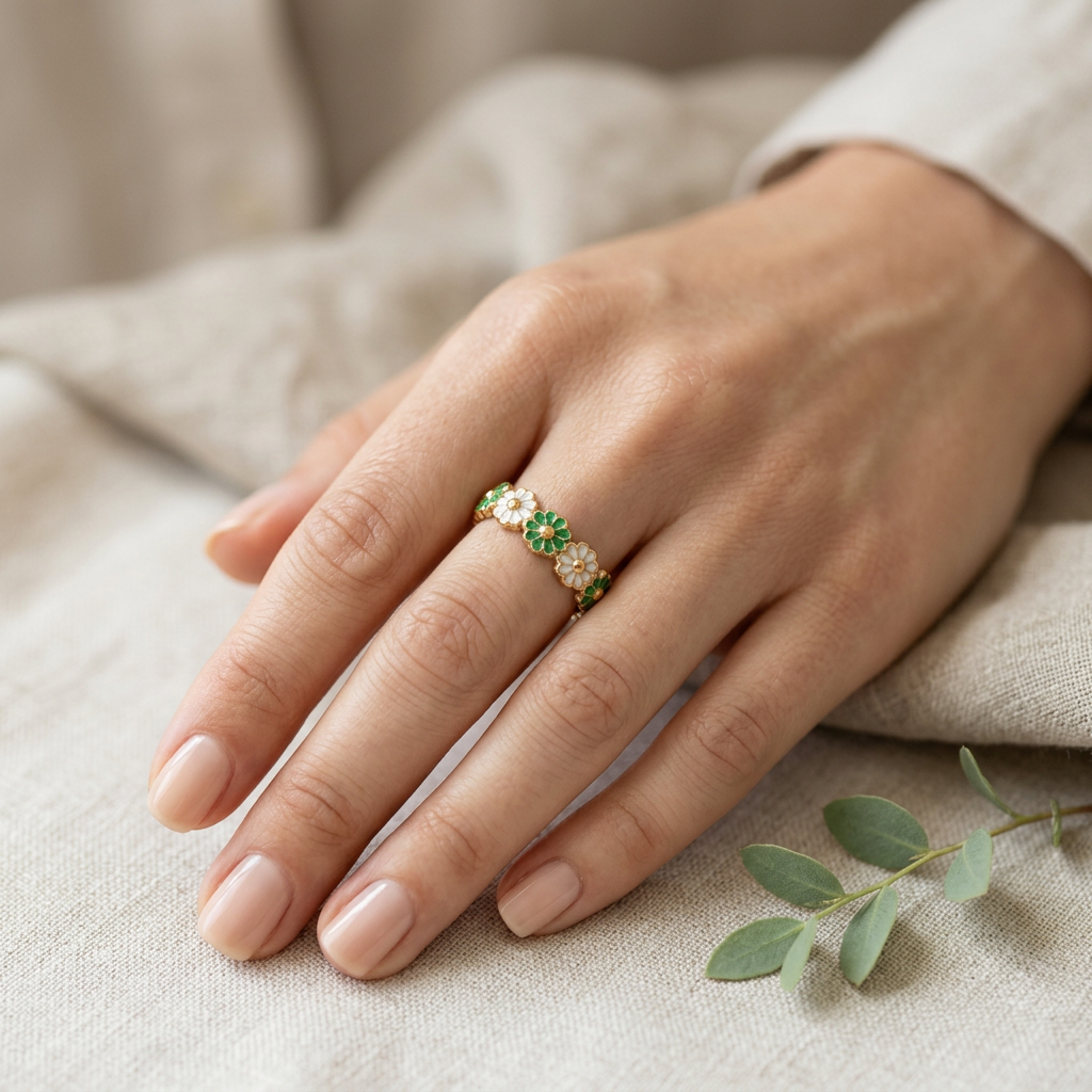 Green Bloom Floral Gold Ring