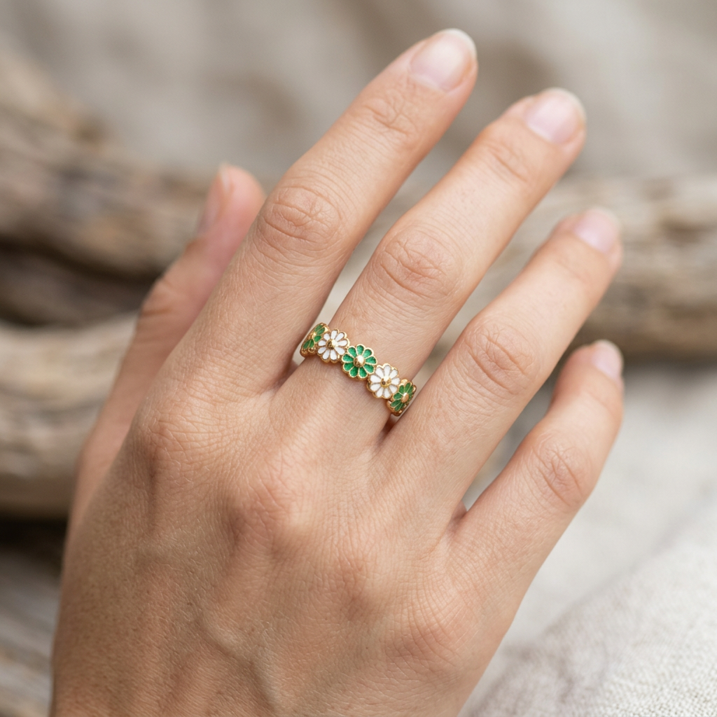 Green Bloom Floral Gold Ring
